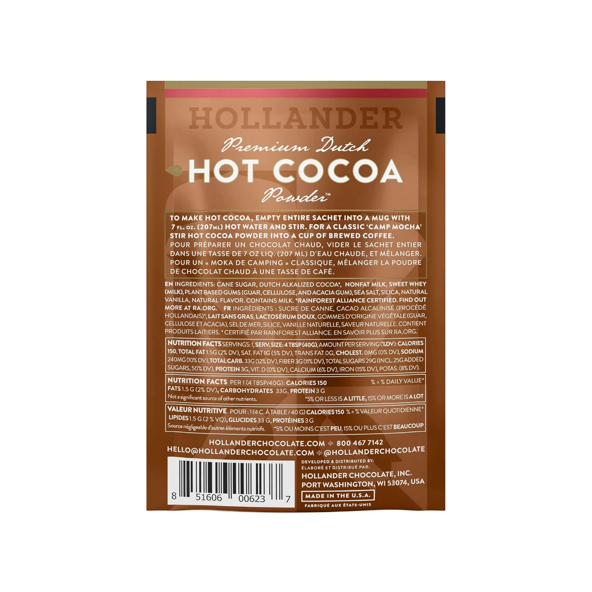 Hollander Premium Dutched Hot Cocoa Single Serve Packets